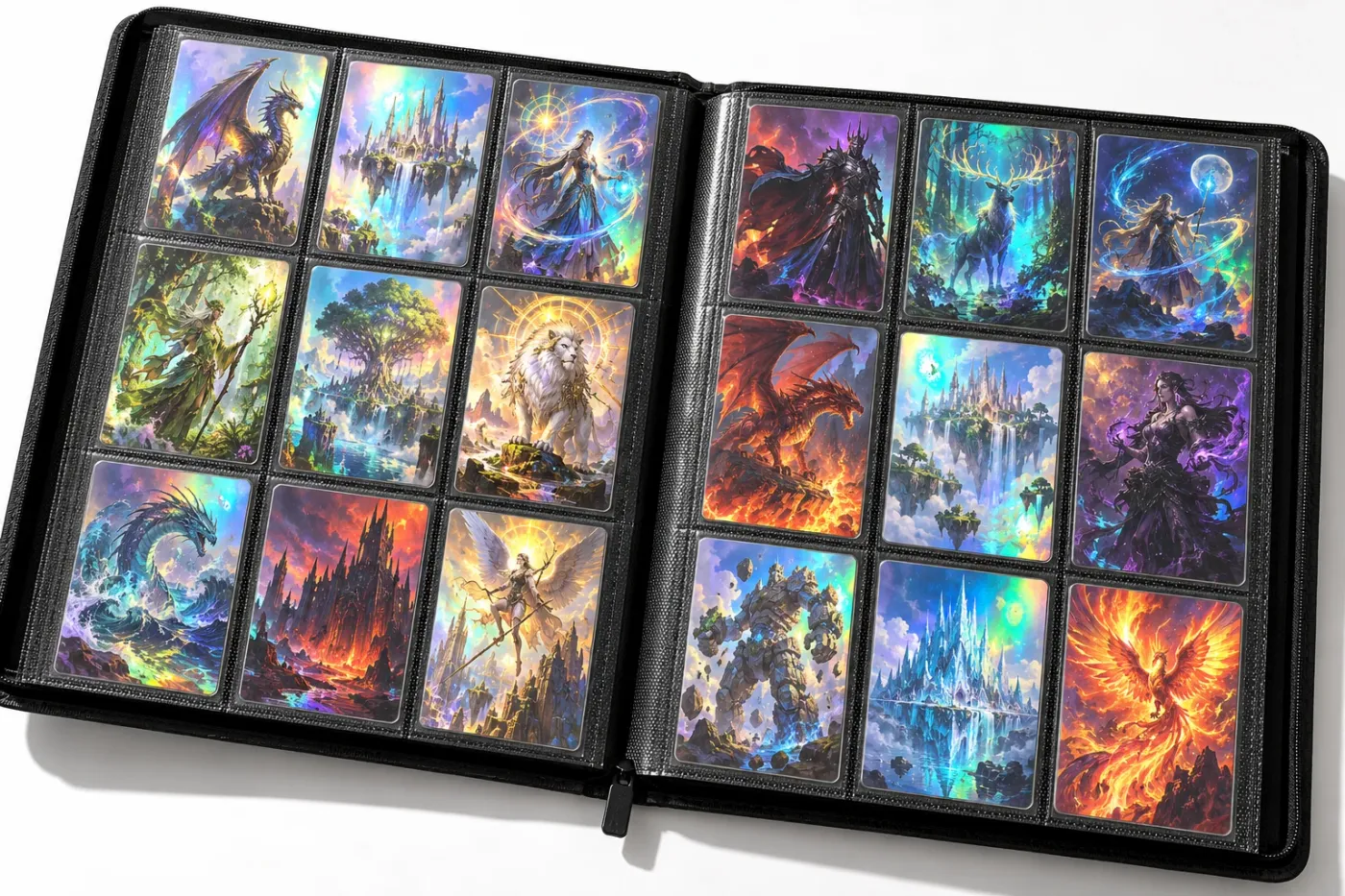 An open binder of trading cards in clear pages