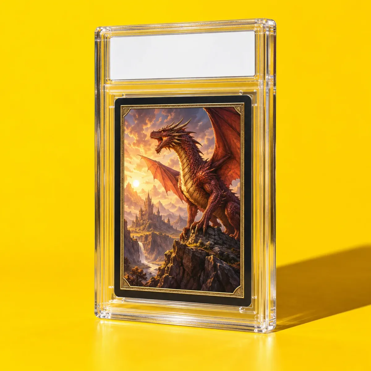 A graded card in a clear slab on a yellow background