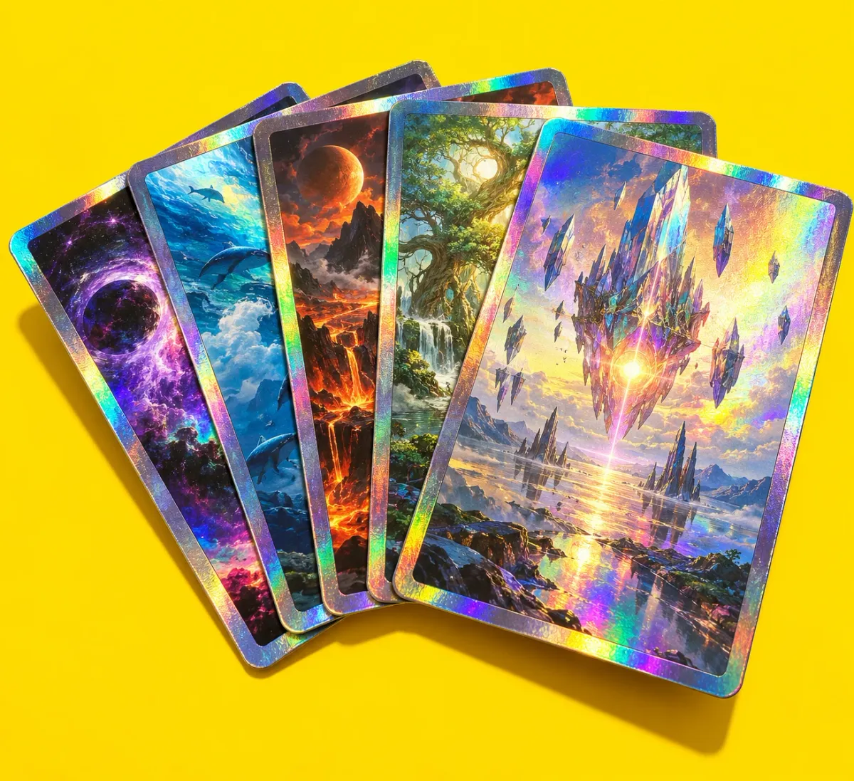 A spread of holographic trading cards fanned out on a table