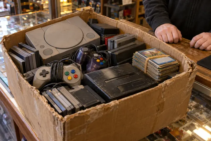 A cardboard box of retro consoles and cards on a shop counter
