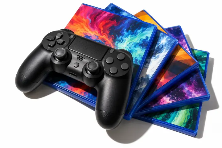 A games controller on a stack of game cases