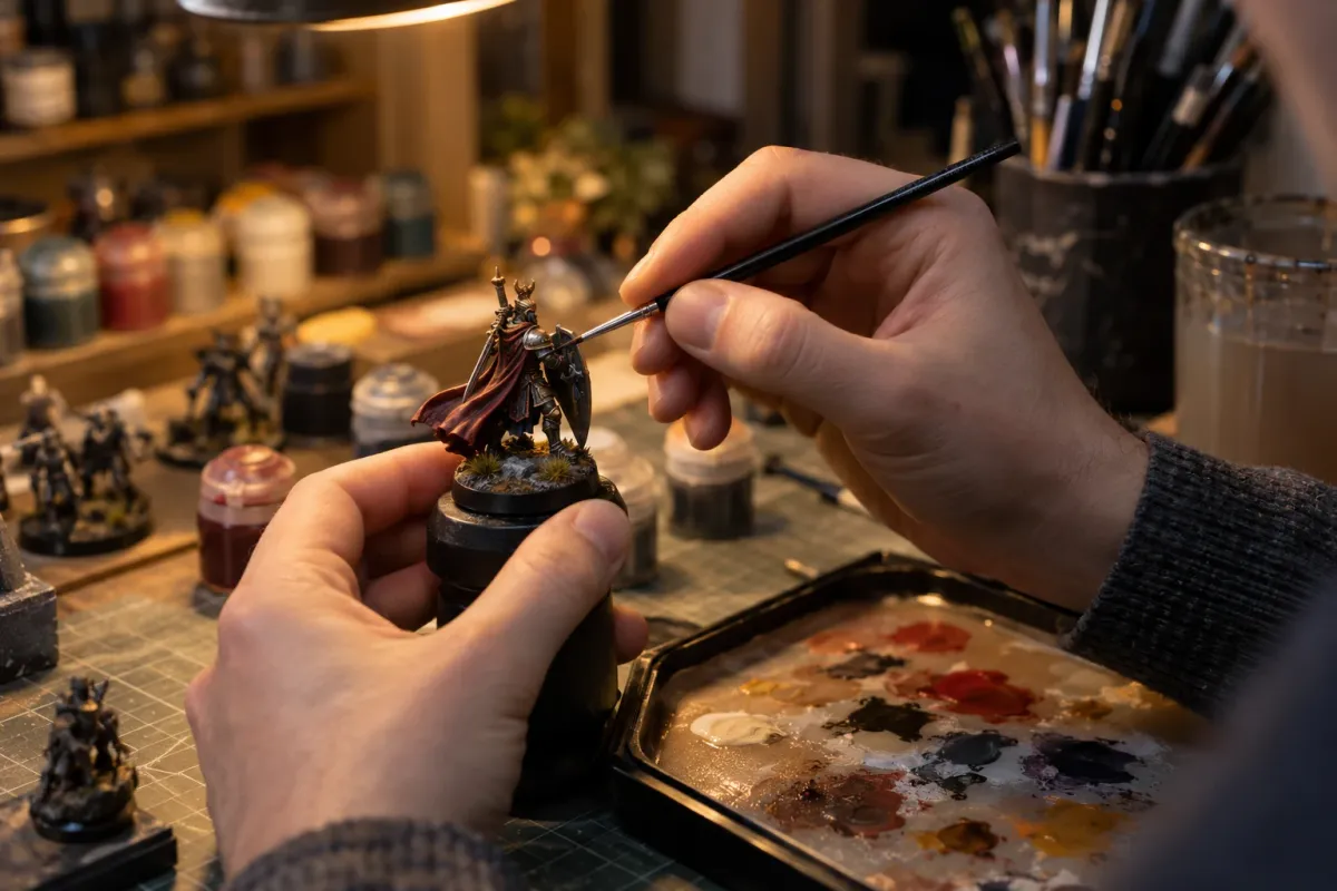 A miniature being painted at a desk with brushes and paints