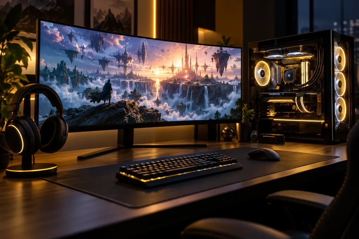 A gaming PC with a curved monitor and keyboard