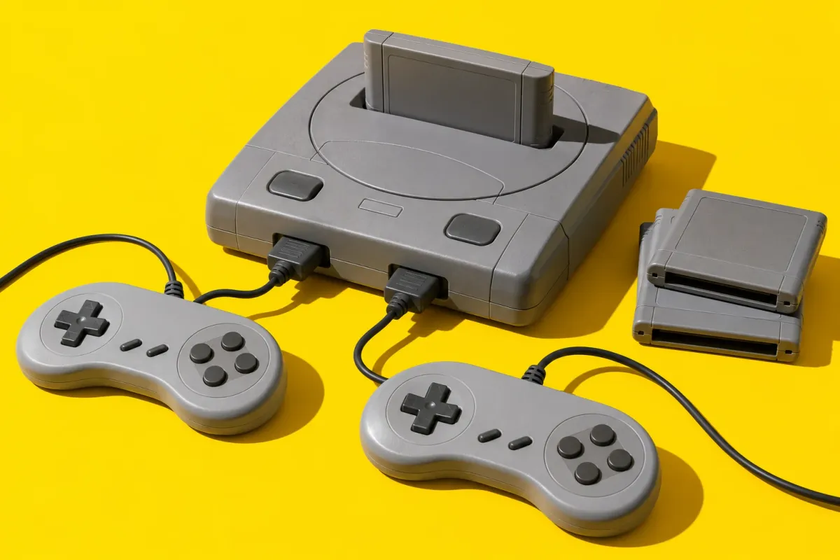 A retro games console with controllers on a table