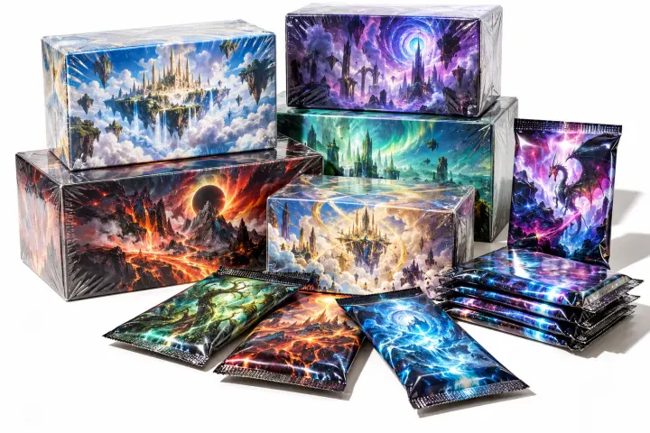 A stack of sealed booster boxes and packs