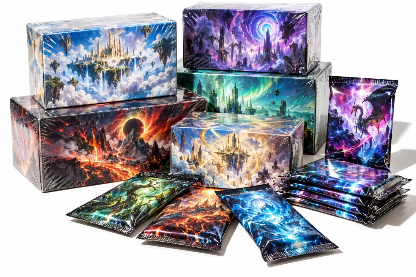 A stack of sealed booster boxes and packs