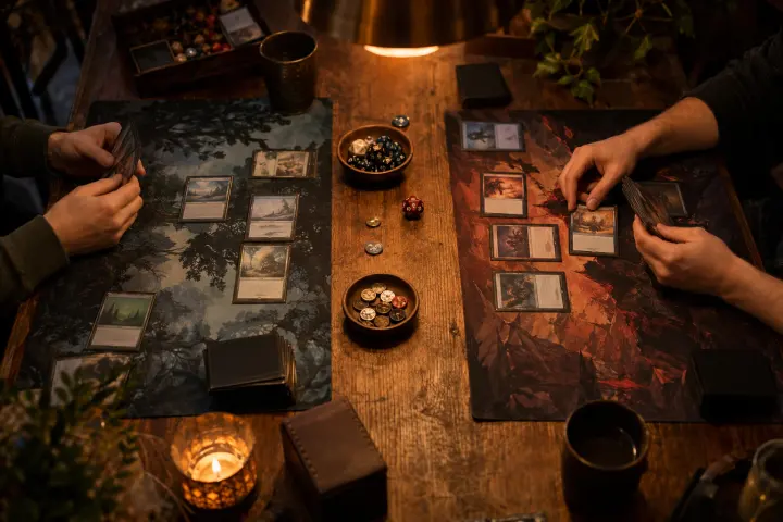 A card game in progress on a wooden table